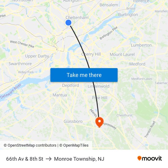 66th Av & 8th St to Monroe Township, NJ map