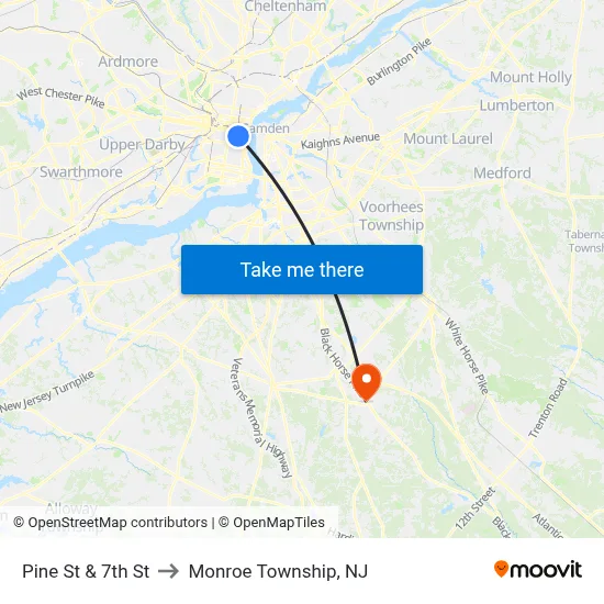 Pine St & 7th St to Monroe Township, NJ map