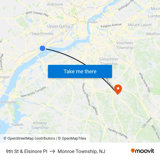 9th St & Elsinore Pl to Monroe Township, NJ map
