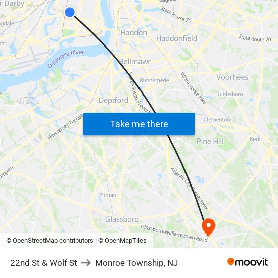 22nd St & Wolf St to Monroe Township, NJ map