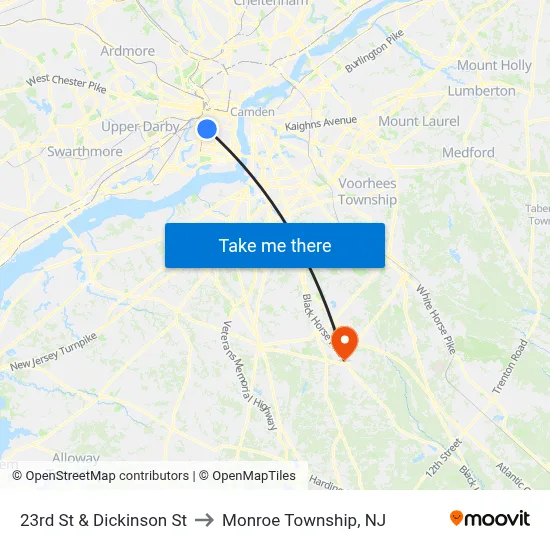 23rd St & Dickinson St to Monroe Township, NJ map