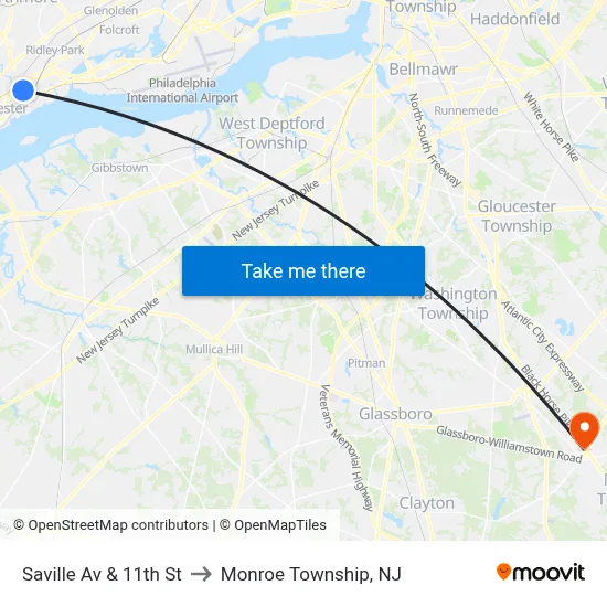 Saville Av & 11th St to Monroe Township, NJ map