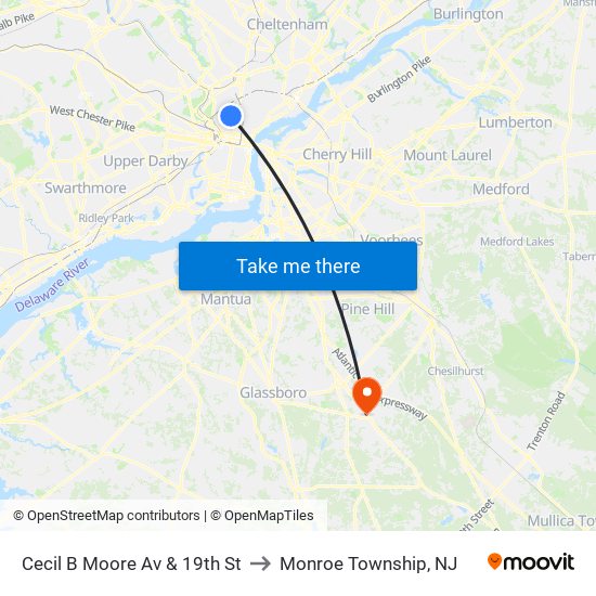 Cecil B Moore Av & 19th St to Monroe Township, NJ map