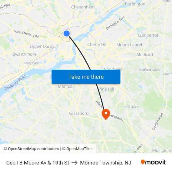 Cecil B Moore Av & 19th St to Monroe Township, NJ map