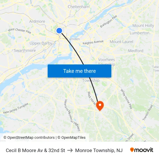 Cecil B Moore Av & 32nd St to Monroe Township, NJ map