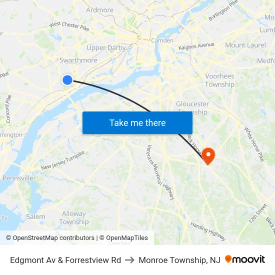 Edgmont Av & Forrestview Rd to Monroe Township, NJ map
