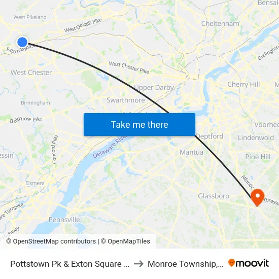 Pottstown Pk & Exton Square Mall to Monroe Township, NJ map