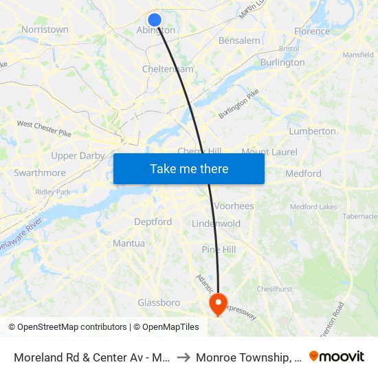 Moreland Rd & Center Av - Mbfs to Monroe Township, NJ map