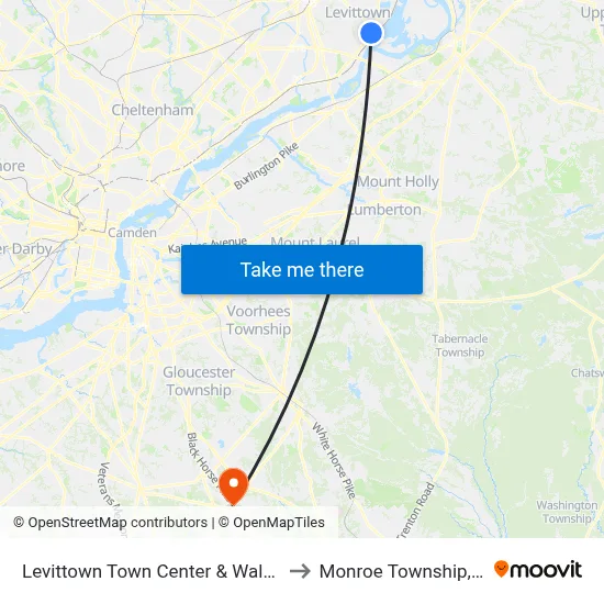 Levittown Town Center & Walmart to Monroe Township, NJ map
