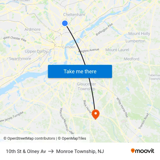 10th St & Olney Av to Monroe Township, NJ map
