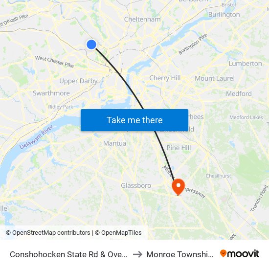 Conshohocken State Rd & Overhill Rd to Monroe Township, NJ map