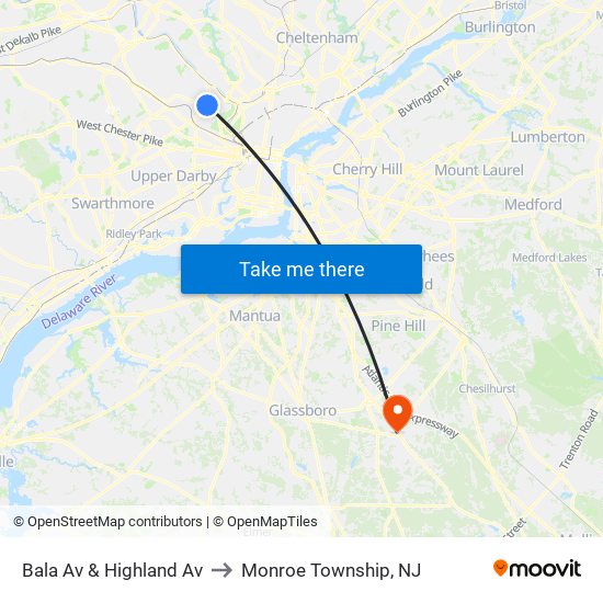 Bala Av & Highland Av to Monroe Township, NJ map