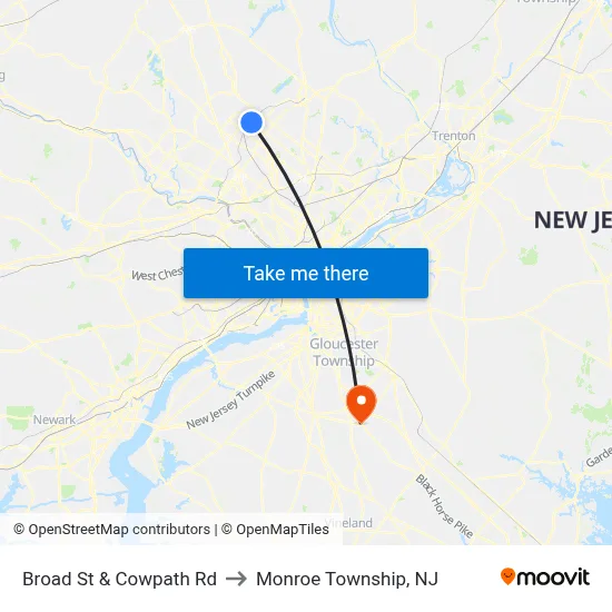 Broad St & Cowpath Rd to Monroe Township, NJ map