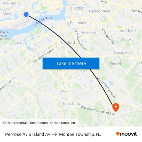 Penrose Av & Island Av to Monroe Township, NJ map