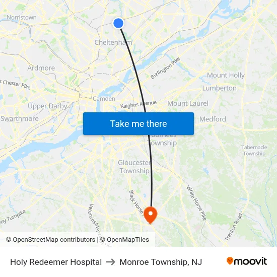 Holy Redeemer Hospital to Monroe Township, NJ map