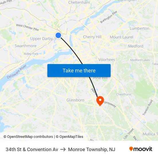 34th St & Convention Av to Monroe Township, NJ map