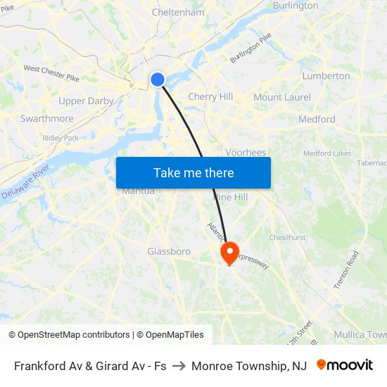 Frankford Av & Girard Av - Fs to Monroe Township, NJ map