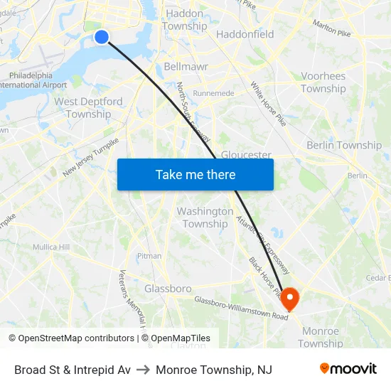 Broad St & Intrepid Av to Monroe Township, NJ map