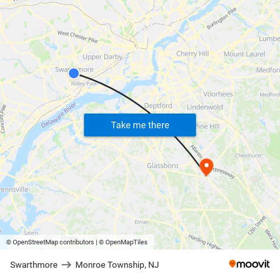 Swarthmore to Monroe Township, NJ map