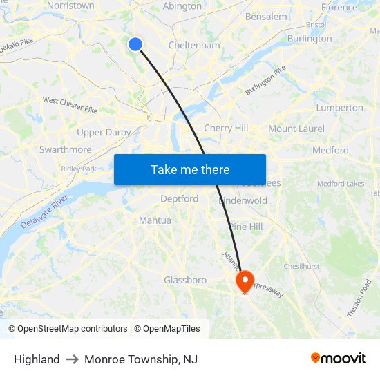 Highland to Monroe Township, NJ map