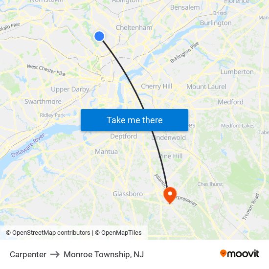 Carpenter to Monroe Township, NJ map