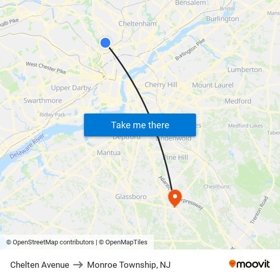 Chelten Avenue to Monroe Township, NJ map