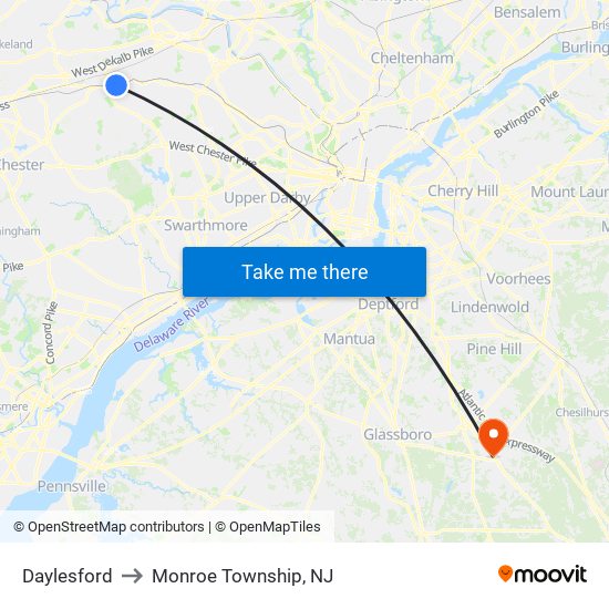 Daylesford to Monroe Township, NJ map