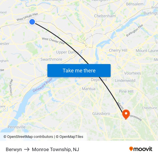 Berwyn to Monroe Township, NJ map