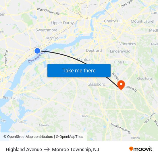 Highland Avenue to Monroe Township, NJ map