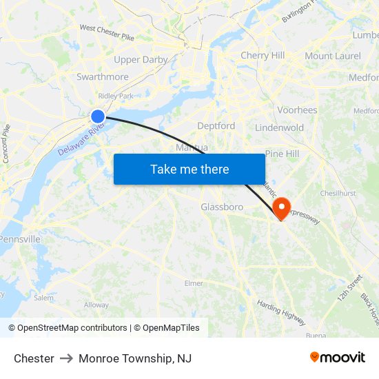 Chester to Monroe Township, NJ map