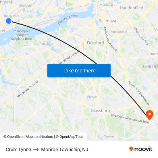 Crum Lynne to Monroe Township, NJ map