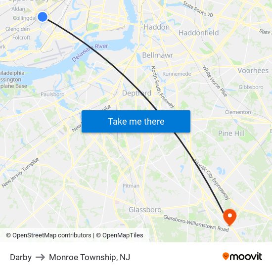 Darby to Monroe Township, NJ map