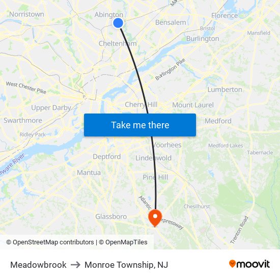 Meadowbrook to Monroe Township, NJ map
