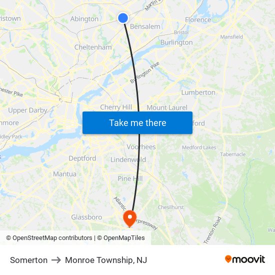 Somerton to Monroe Township, NJ map