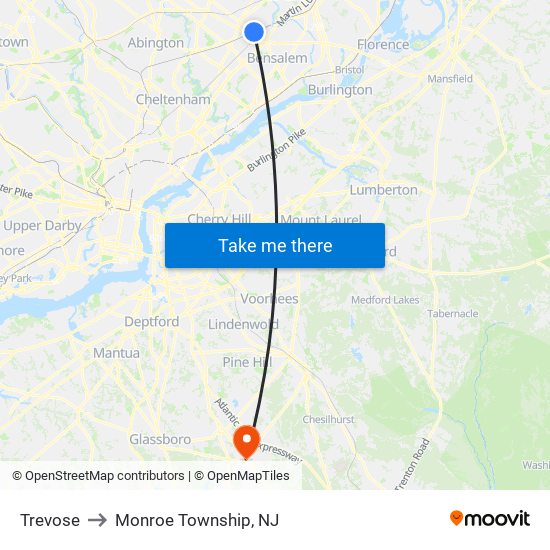 Trevose to Monroe Township, NJ map