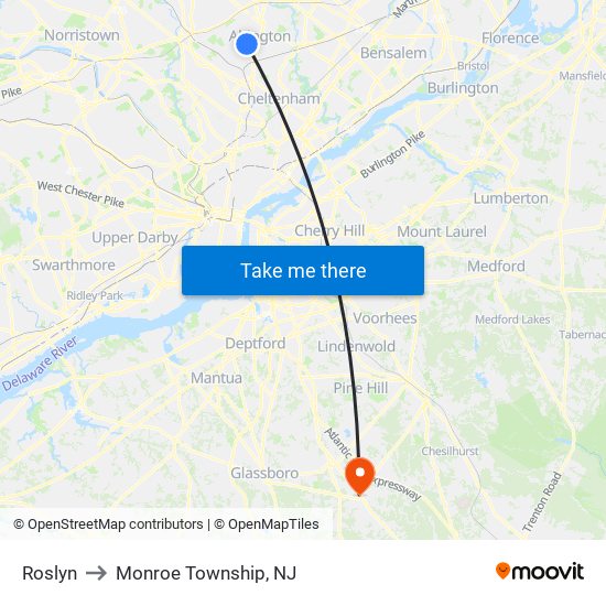Roslyn to Monroe Township, NJ map