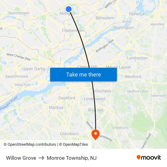 Willow Grove to Monroe Township, NJ map