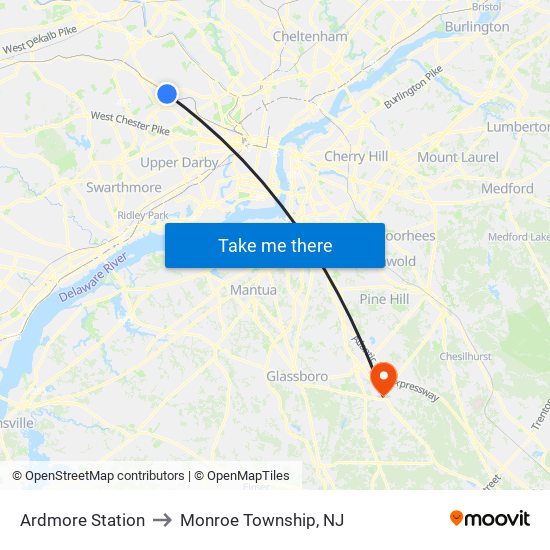 Ardmore Station to Monroe Township, NJ map