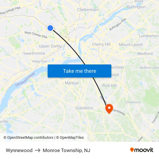 Wynnewood to Monroe Township, NJ map
