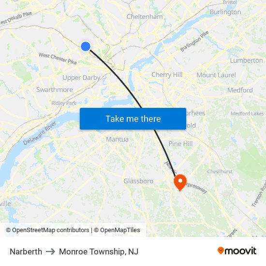 Narberth to Monroe Township, NJ map