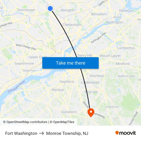 Fort Washington to Monroe Township, NJ map