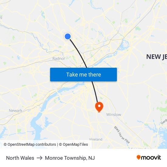 North Wales to Monroe Township, NJ map