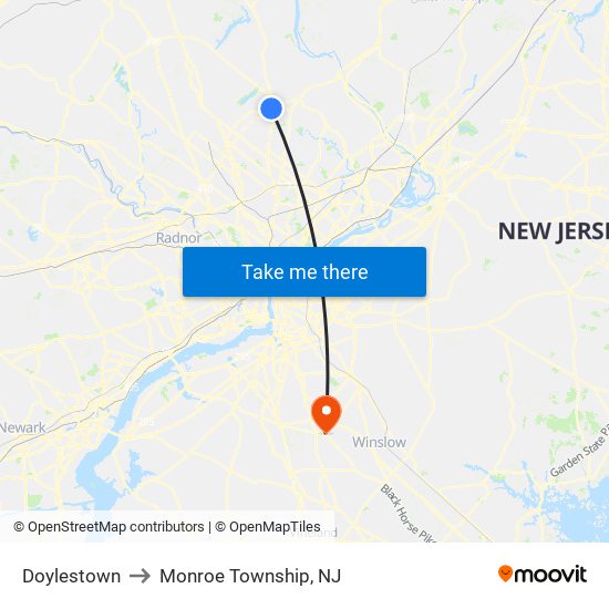 Doylestown to Monroe Township, NJ map