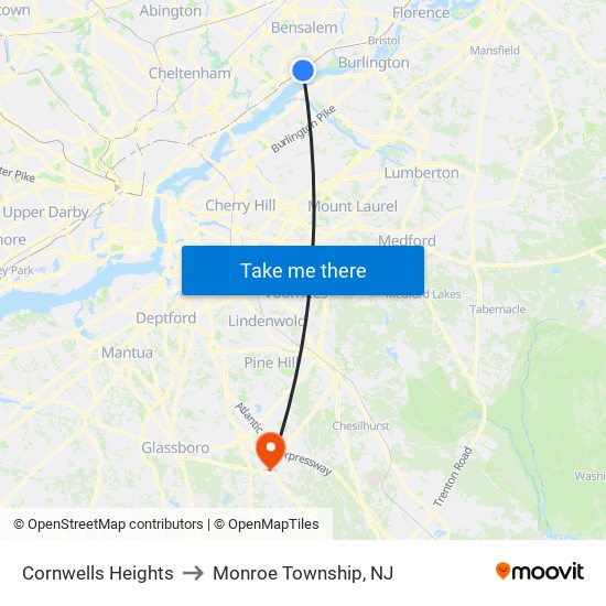 Cornwells Heights to Monroe Township, NJ map