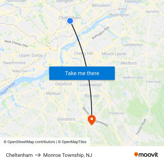 Cheltenham to Monroe Township, NJ map