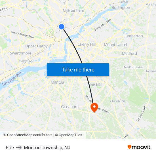 Erie to Monroe Township, NJ map