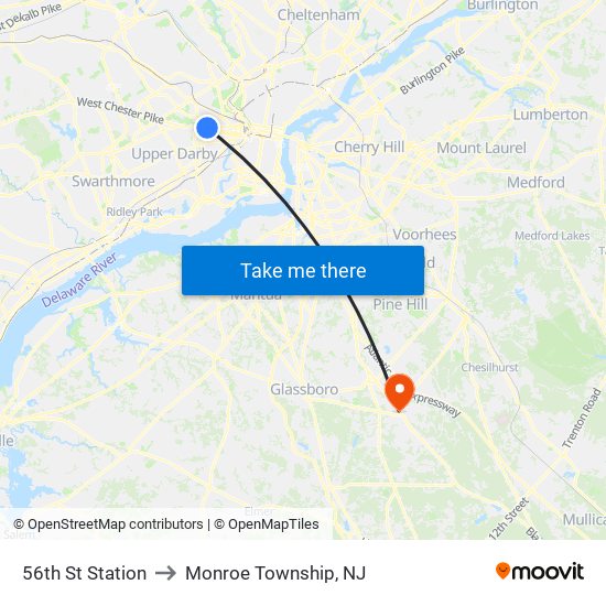 56th St Station to Monroe Township, NJ map