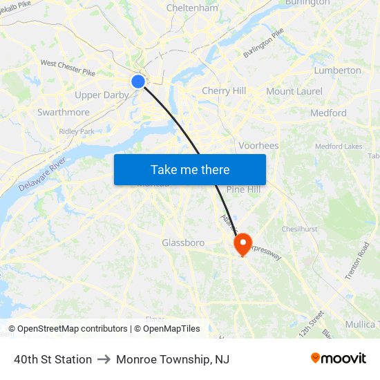 40th St Station to Monroe Township, NJ map