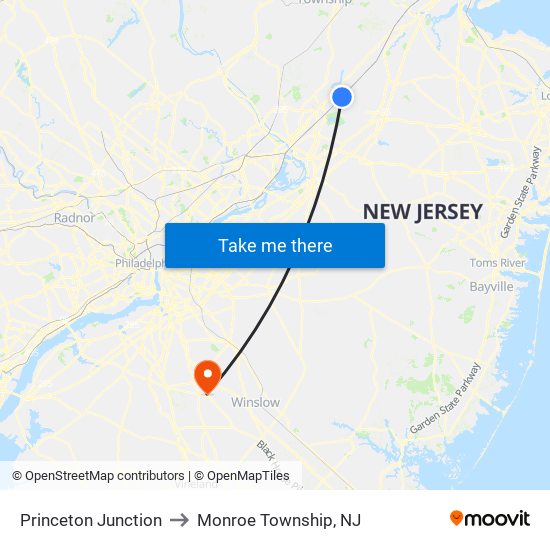 Princeton Junction to Monroe Township, NJ map