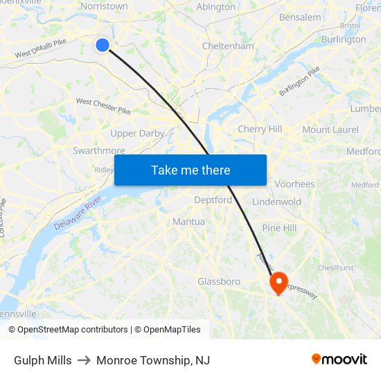 Gulph Mills to Monroe Township, NJ map
